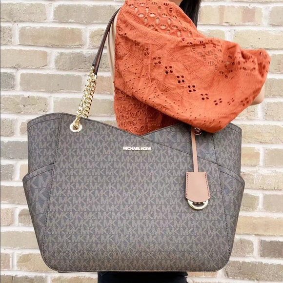 Michael Kors Handbags - Michael Kors Jet Set Travel Large Chain Shoulder Tote Brown MK Signature